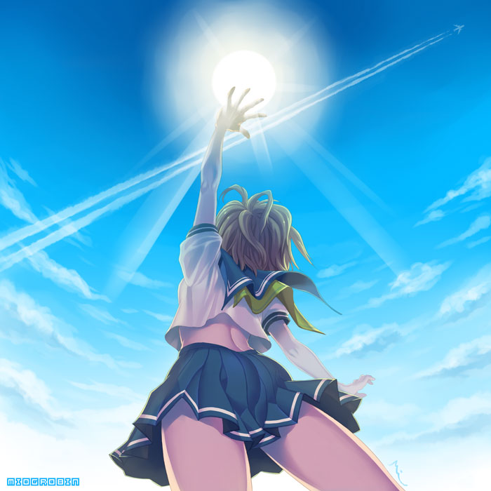 miogrobin, light, 1girl, back, brown hair, day, female focus, outstretched arm, perspective, reaching, school uniform, serafuku, sky, solo, sun