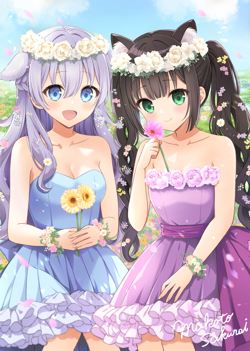 sakurai makoto (custom size), original, commentary request, highres, 2girls, :d, animal ears, back bow, black hair, blue bow, blue dress, blue eyes, blue sky, bow, braid, breasts, cat ears, cleavage, closed mouth, cloud, collarbone, day, dog ears, dress, flower, flower wreath, green eyes, grey hair, hair between eyes, hair flower, hair ornament, head wreath, holding, holding flower, kuu-chan (sakurai makoto (custom size)), long hair, looking at viewer, medium breasts, multiple girls, open mouth, outdoors, petals, pink flower, purple dress, shii-chan (sakurai makoto (custom size)), signature, sky, smile, strapless, strapless dress, twintails, very long hair, white flower, yellow flower