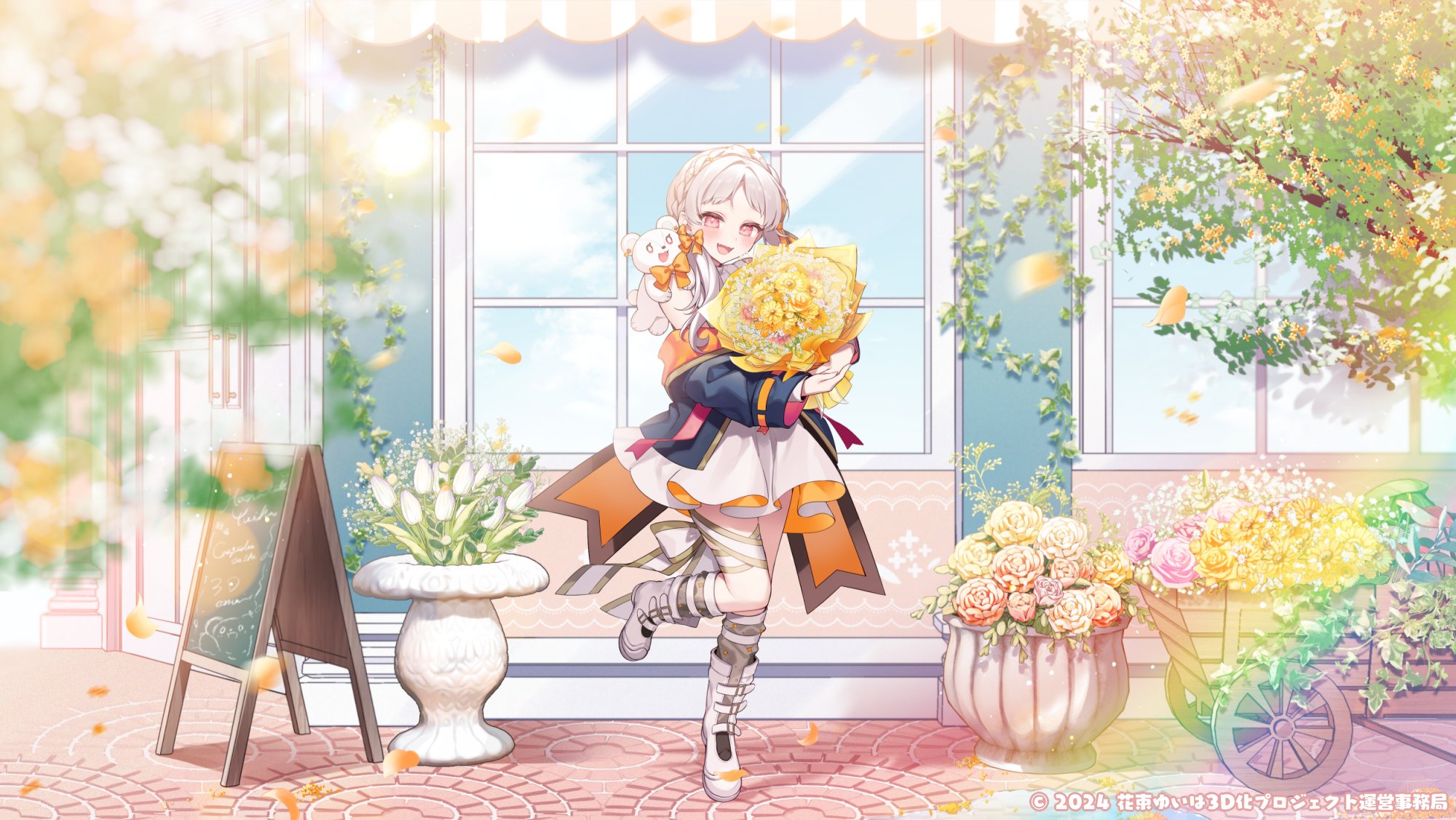 anzu 1026, hanataba yuiha, indie virtual youtuber, highres, 1girl, bare shoulders, black jacket, black socks, blush, boots, bouquet, bow, braid, copyright notice, dress, flower, full body, grey hair, hair bow, hair ornament, holding, holding bouquet, jacket, jacket partially removed, leg up, long hair, long sleeves, looking at viewer, open mouth, orange bow, outdoors, red eyes, socks, solo, virtual youtuber, white boots, white dress, yellow flower