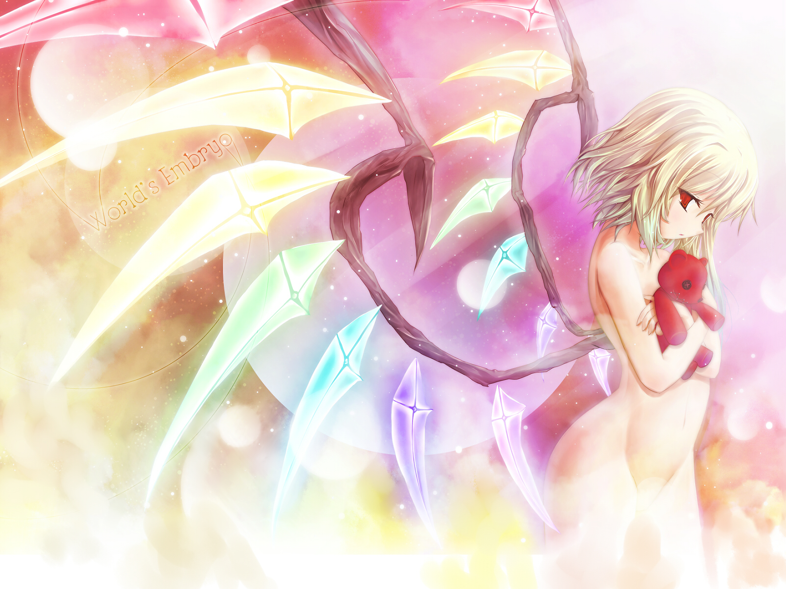 scarlet (studioscr), flandre scarlet, touhou, highres, 1girl, blonde hair, completely nude, crystal, english text, female focus, from side, loli, nude, red eyes, side ponytail, solo, stuffed animal, stuffed toy, teddy bear, wings
