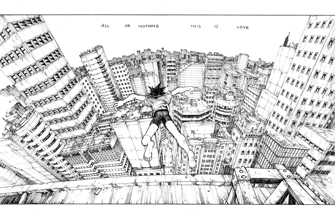 gender request, androgynous, cityscape, greyscale, jumping, monochrome, perspective, rooftop, scenery, solo
