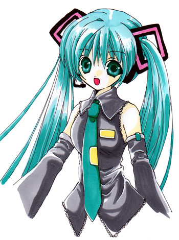 oumi neneha, hatsune miku, vocaloid, lowres, traditional media, 1girl, detached sleeves, female focus, green eyes, green hair, long hair, matching hair/eyes, solo, twintails