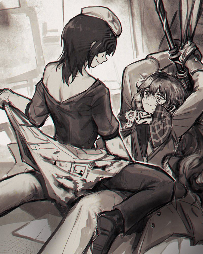 flaw eight, hong lu (project moon), yi sang (project moon), limbus company, project moon, beret, black pants, black shoes, blood, blood on clothes, bound, bound wrists, capelet, facing another, full body, gloves, hair down, hat, heterochromia, long hair, looking at another, lying, male focus, medium hair, monochrome, on back, pants, plaid capelet, plaid clothes, ponytail, ring (identity) (project moon), shoes, steampunk, teardrop facial mark, undressing, yaoi, yurodiviye (identity) (project moon)