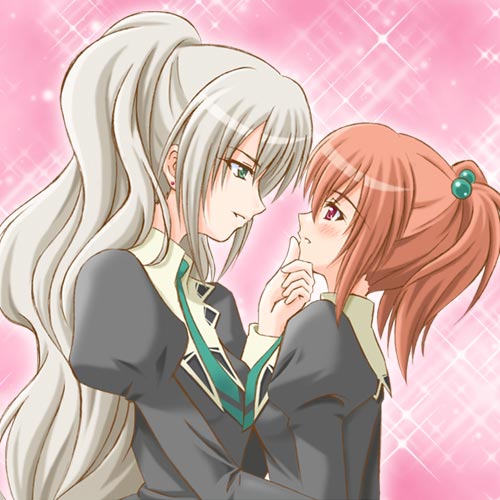 shiumai, aoi nagisa, hanazono shizuma, strawberry panic!, lowres, 00s, 2girls, blush, grabbing another's chin, hand on another's chin, multiple girls, yuri