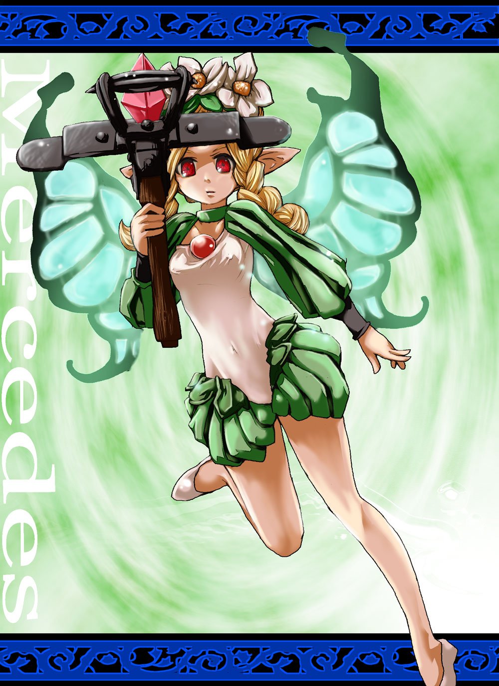 meteon, mercedes (odin sphere), odin sphere, bad id, bad pixiv id, highres, 1girl, blonde hair, bow (weapon), crossbow, female focus, flower, hair flower, hair ornament, pointy ears, puff and slash sleeves, puffy sleeves, red eyes, solo, weapon, wings