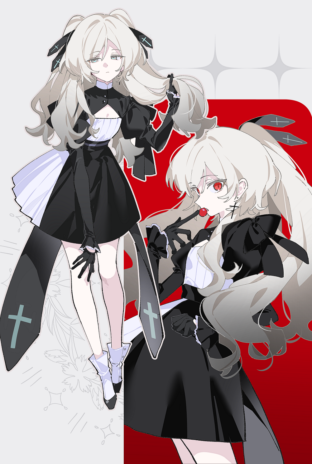original, commentary, highres, 1girl, black gloves, black ribbon, cleavage cutout, clothing cutout, cowboy shot, cross, cross earrings, earrings, eating, expressionless, full body, gloves, grey background, grey eyes, grey hair, hair ribbon, hand on own knee, holding, holding own hair, jewelry, juliet sleeves, long hair, long sleeves, looking at viewer, multiple views, puffy sleeves, raran3532, red background, red eyes, ribbon, shoes, simple background, two side up, vampire, white shoes