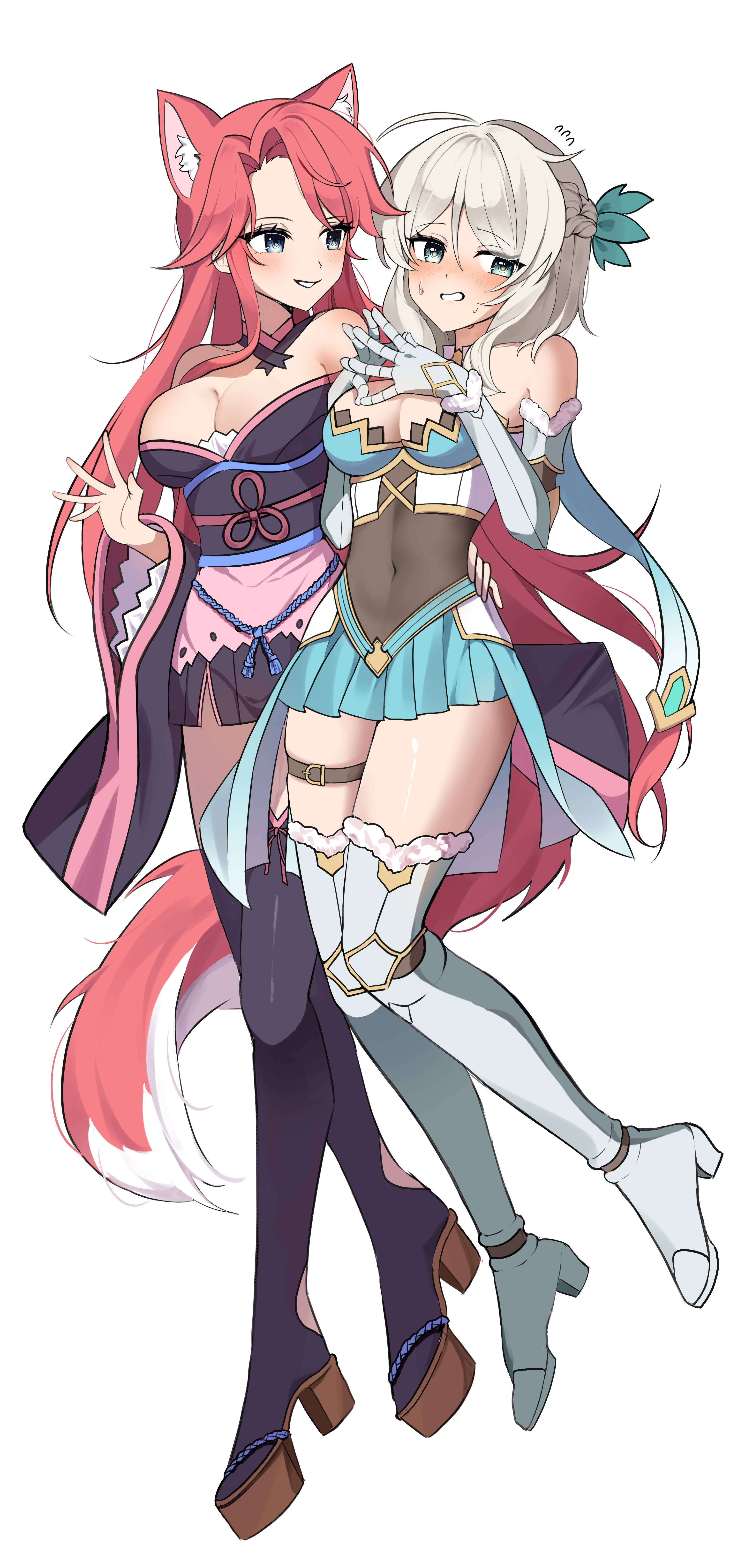 juniper (sakura fox adventure), yomi (sakura dungeon), sakura dungeon, sakura fox adventure, absurdres, artist request, commission, commissioner upload, highres, non-web source, 2girls, animal ears, blonde hair, blue eyes, blush, braid, crown braid, embarrassed, fox ears, fox girl, fox tail, full body, hand on another's waist, in-franchise crossover, japanese clothes, kimono, knight, multiple girls, pink hair, tail, thighhighs, yuri