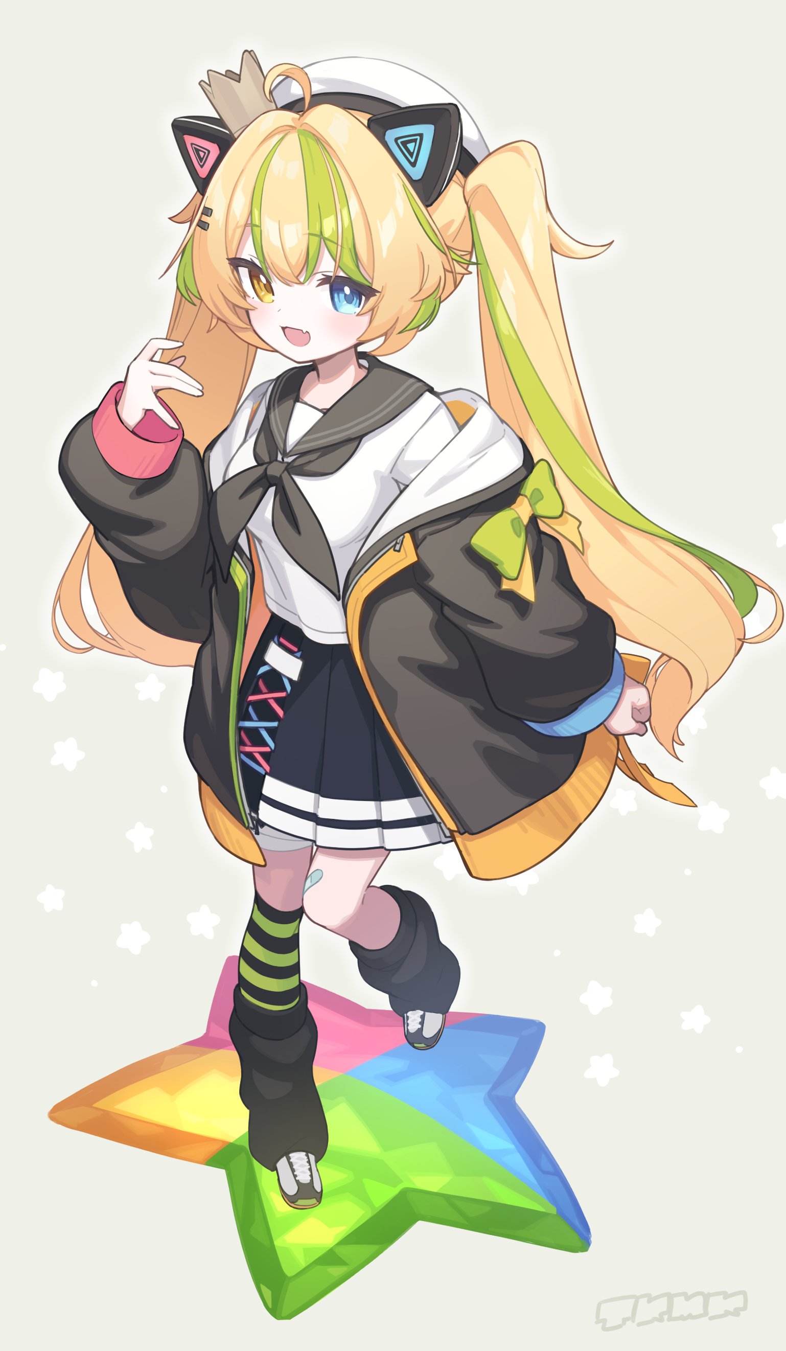 tekka maki (wafuu-bune), original, absurdres, commentary, commission, hashtag-only commentary, highres, skeb commission, 1girl, :d, ahoge, animal ears, bandaid, bandaid on knee, bandaid on leg, black jacket, black neckerchief, black sailor collar, black skirt, black socks, black thighhighs, blonde hair, blue eyes, blush, breasts, cat ears, crown, fang, full body, green hair, green thighhighs, grey background, hand up, hat, heterochromia, jacket, long sleeves, looking at viewer, medium breasts, multicolored hair, neckerchief, off shoulder, open clothes, open jacket, open mouth, pleated skirt, sailor collar, shirt, shoes, signature, single thighhigh, skin fang, skirt, smile, socks, solo, standing, striped clothes, striped thighhighs, thighhighs, twintails, two-tone hair, two-tone thighhighs, white hat, white shirt, white shoes, yellow eyes