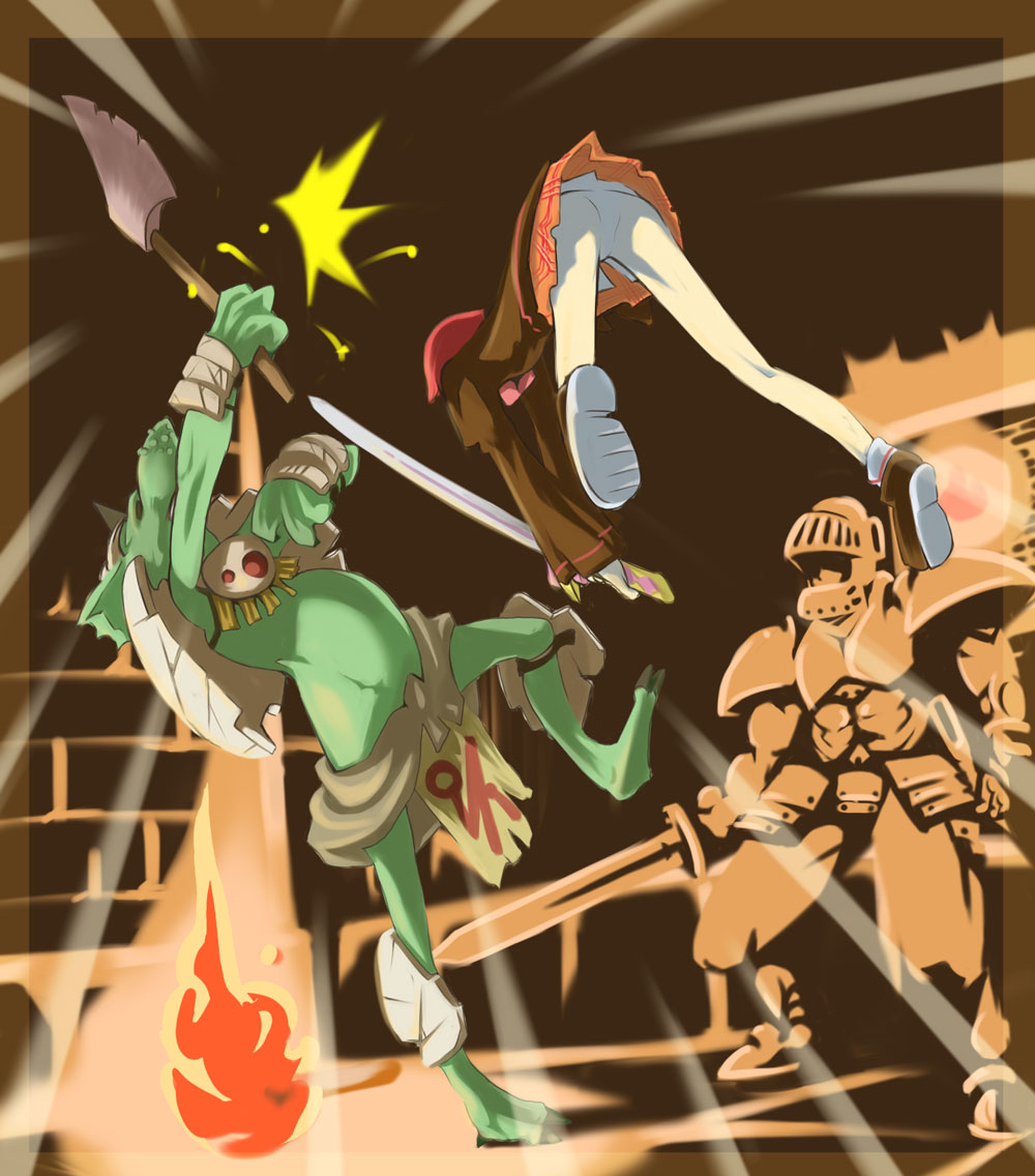 meteon, bad id, bad pixiv id, axe, sword, troll, upskirt, weapon
