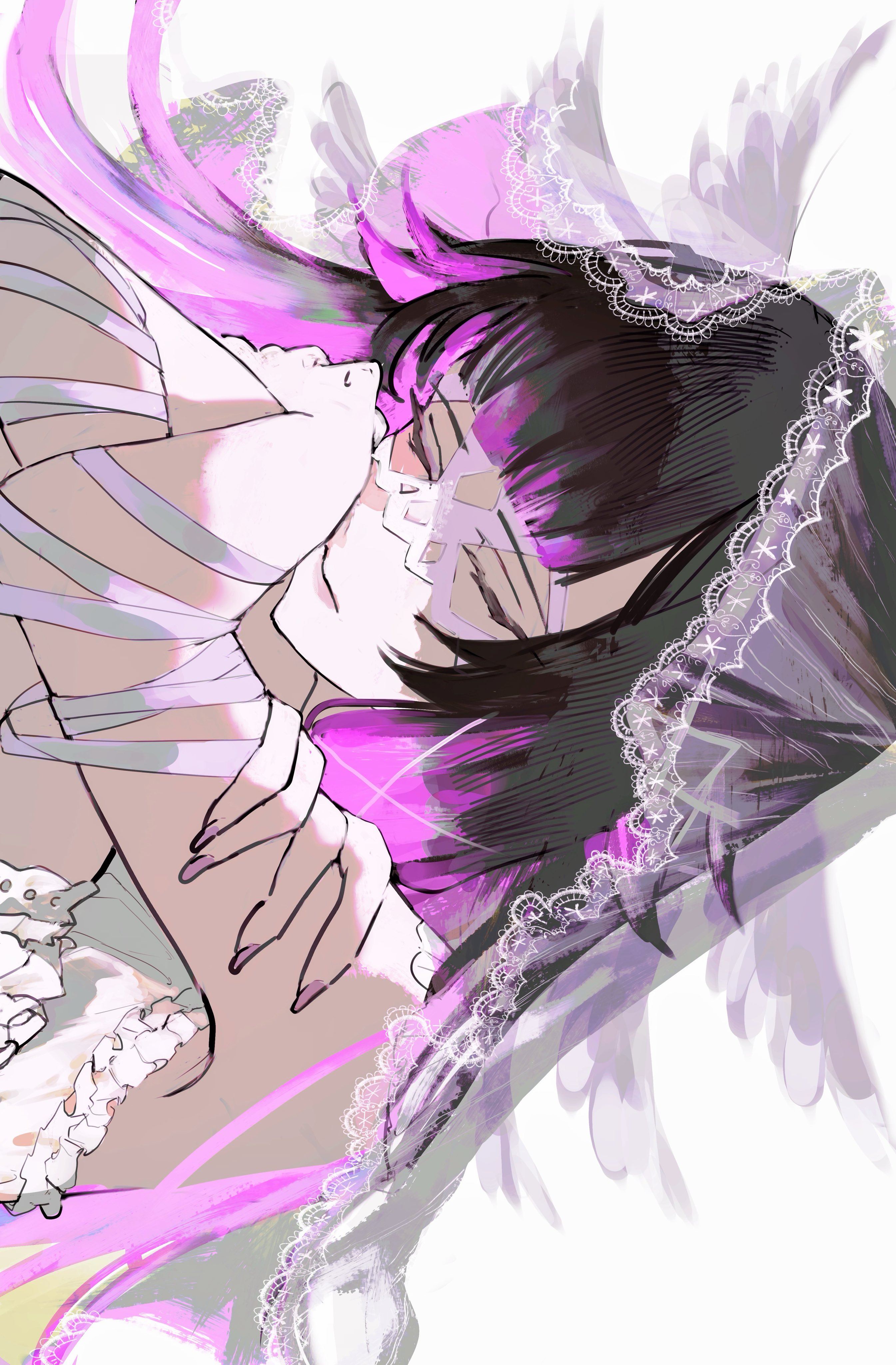 columbina (genshin impact), genshin impact, absurdres, highres, 1girl, black hair, closed eyes, closed mouth, expressionless, eye mask, head wings, hugging own legs, long hair, multicolored hair, nail polish, pink hair, pink nails, sa 3987, sideways, simple background, sketch, solo, two-tone hair, upper body, veil, white background, white mask, white veil, wings