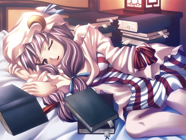 ichio, patchouli knowledge, touhou, 1girl, bed, book, female focus, indoors, lying, sleepy, solo