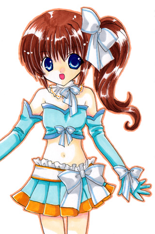 oumi neneha, original, lowres, traditional media, 1girl, blue eyes, brown hair, female focus, gloves, hair ribbon, long hair, navel, ribbon, solo
