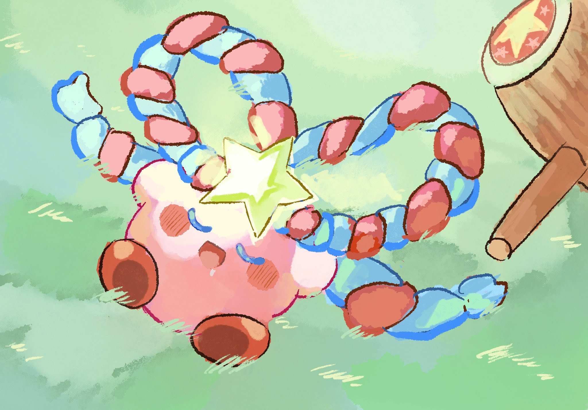 kirby, kirby's return to dream land, kirby's return to dream land deluxe, kirby (series), nintendo, highres, 1boy, blush stickers, closed eyes, copy ability, drooling, grass, green background, hammer, houtoukb, lying, mallet, no humans, on back, on grass, open mouth, saliva, sleeping, solo, solo focus, uwu