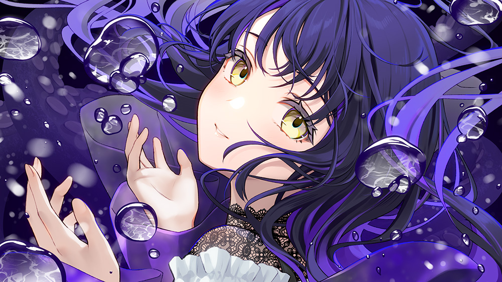ne-on, commentary request, copyright request, official art, 1girl, black hair, from side, hands up, long hair, long sleeves, looking at viewer, looking to the side, multicolored hair, purple hair, sleeves past wrists, solo, streaked hair, upper body, water drop, yellow eyes