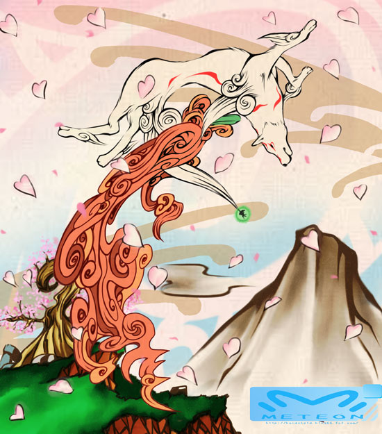 meteon, amaterasu (ookami), issun, ookami (game), cherry blossoms, fire, mountain, no humans, petals, tail, wolf