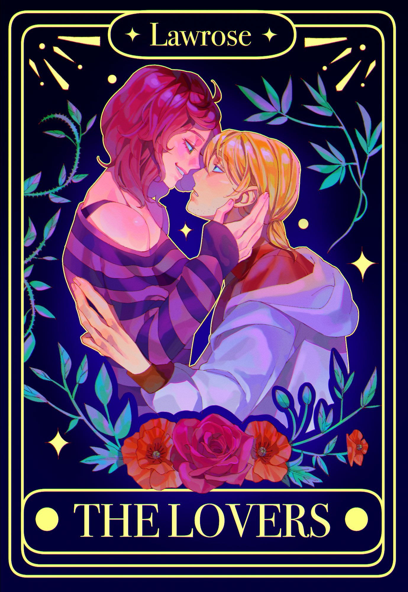 boyfriend to death, commentary, commission, english commentary, highres, 1boy, 1girl, :d, ahoge, bad anatomy, bad hands, bra strap, card, commissioner insert, english text, flower, grabbing another's head, green eyes, hand on another's back, hand on another's chin, hetero, hood, hood down, hug, jacket, lawrence oleander, off shoulder, open mouth, outline, poppy (flower), red hair, rose, smile, soureeeee, sweater, tarot, tarot card, upper body, white jacket, yellow outline