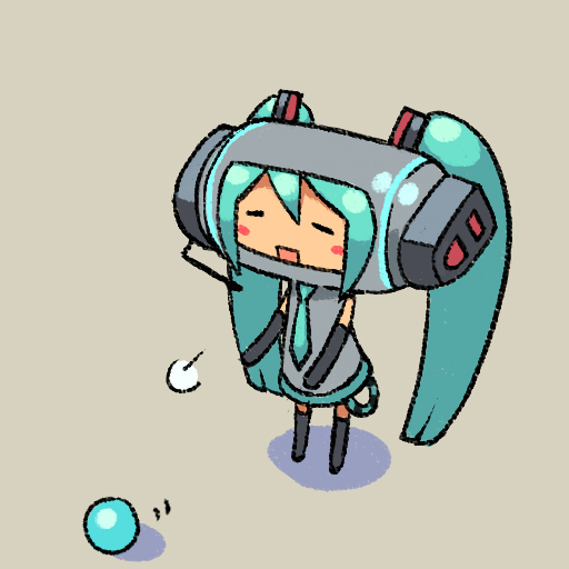 chan co, hatsune miku, katamari damacy, vocaloid, 1girl, chibi, female focus, full body, long hair, parody, solo, twintails, very long hair