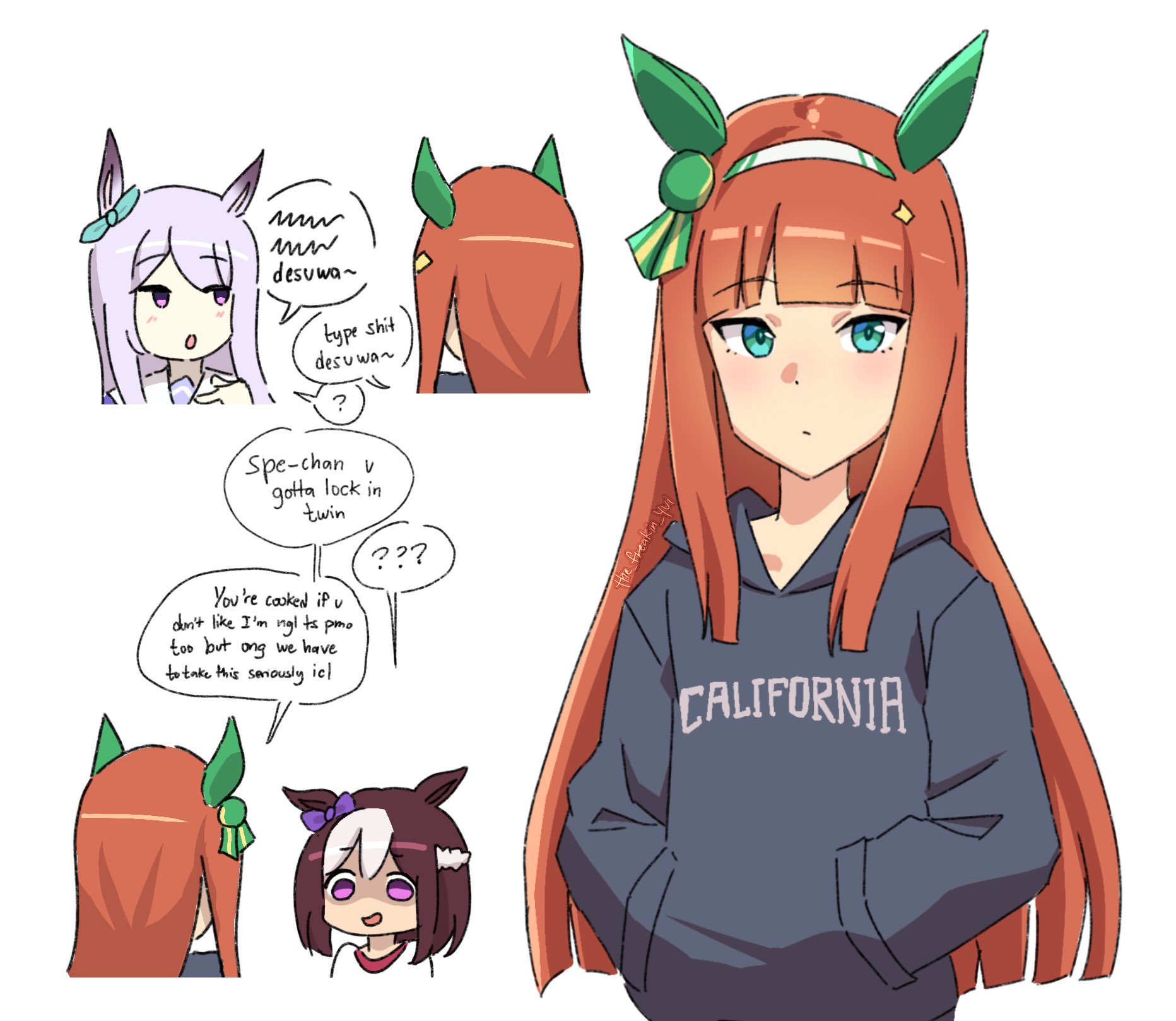 the freakin yui, mejiro mcqueen (umamusume), silence suzuka (umamusume), special week (umamusume), umamusume, commentary, english commentary, highres, 3girls, animal ears, black hoodie, blue eyes, blunt bangs, blush, brown hair, closed mouth, ear covers, english text, hairband, hands in pockets, hood, hoodie, horse ears, horse girl, long hair, looking at another, looking at viewer, multicolored hair, multiple girls, open mouth, orange hair, partially shaded face, purple eyes, purple hair, sailor collar, shirt, short sleeves, swept bangs, two-tone hair, white hair, white hairband, white sailor collar, white shirt