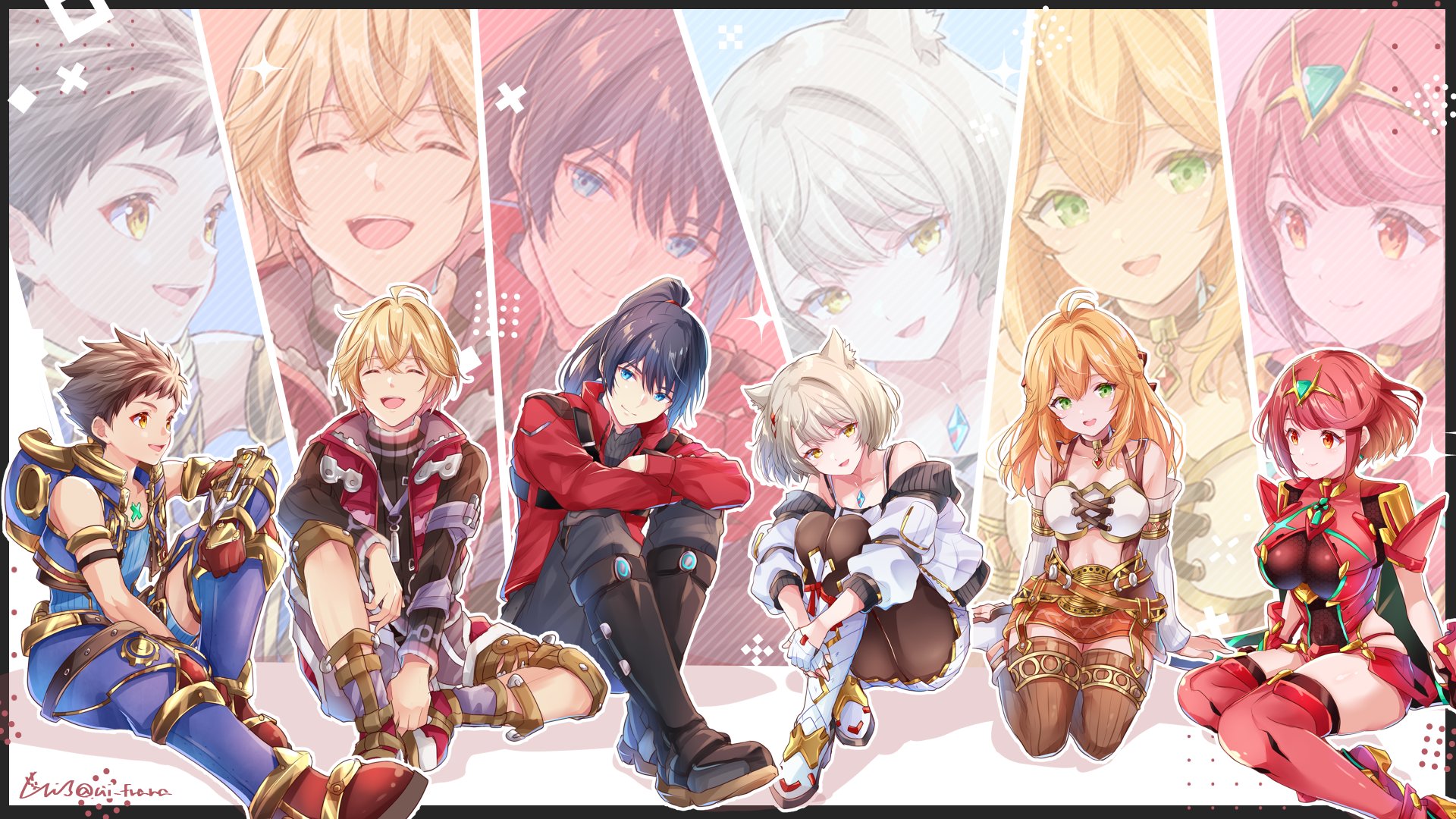 ui frara, fiora (xenoblade), mio (xenoblade), noah (xenoblade), pyra (xenoblade), rex (xenoblade), shulk (xenoblade), xenoblade chronicles (series), xenoblade chronicles 1, xenoblade chronicles 2, xenoblade chronicles 3, commentary request, highres, 3boys, 3girls, animal ear fluff, animal ears, artist name, black boots, black hair, blonde hair, bob cut, boots, breasts, brown hair, brown pantyhose, brown thighhighs, camisole, cat ears, cat girl, chest jewel, closed eyes, core crystal (xenoblade), earrings, fingerless gloves, gem, gloves, green eyes, green gemstone, grey hair, grey jacket, high ponytail, hugging own legs, jacket, jewelry, knee up, large breasts, long hair, medium breasts, multiple boys, multiple girls, off shoulder, open mouth, pantyhose, ponytail, red boots, red eyes, red hair, red jacket, red shorts, red skirt, short hair, short shorts, shorts, sitting, skirt, smile, thigh boots, thighhighs, tiara, white camisole, white gloves, white skirt, yellow eyes, yokozuwari, zoom layer