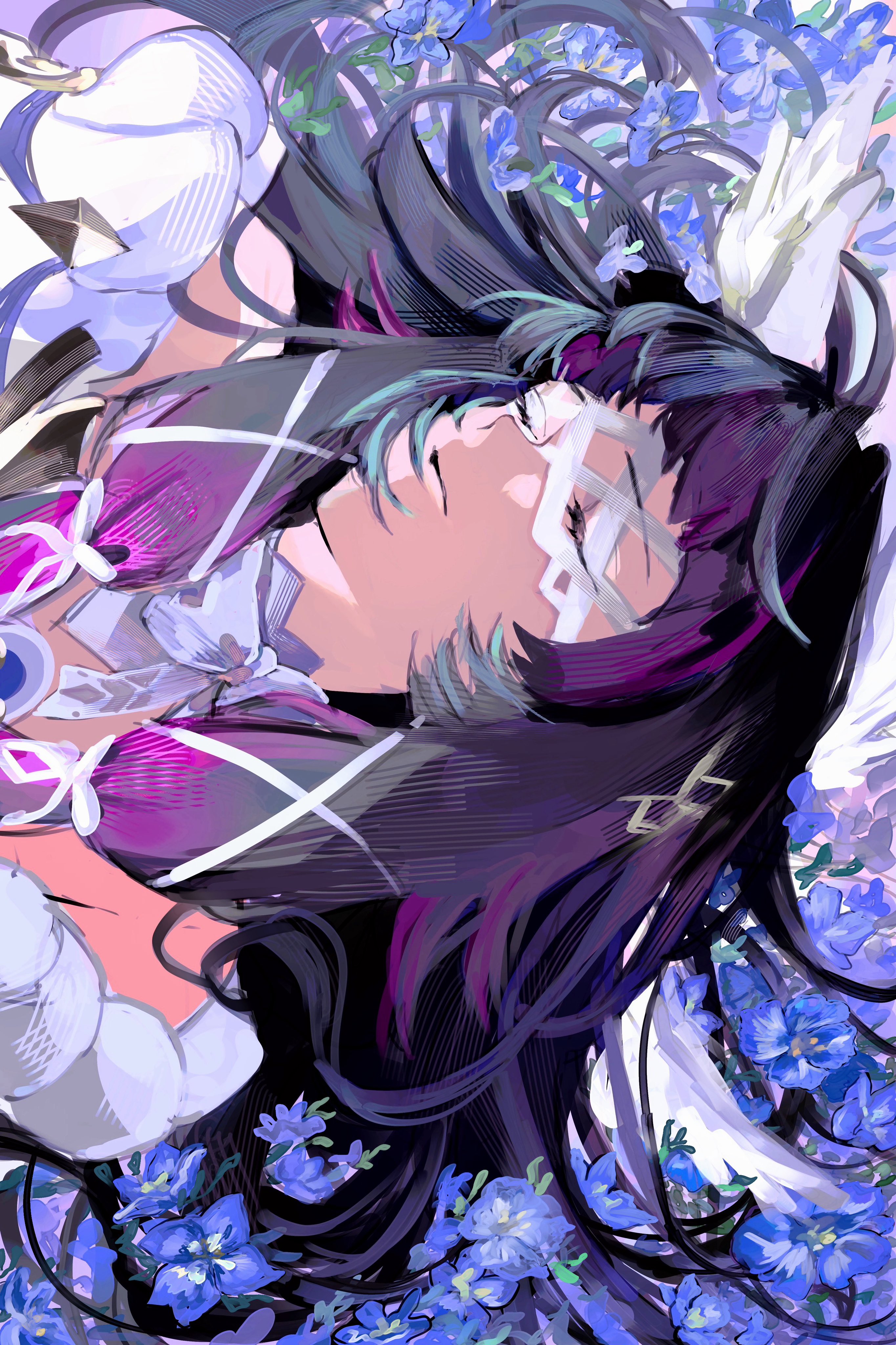 columbina (genshin impact), genshin impact, absurdres, highres, 1girl, black hair, blue flower, bow, bow choker, choker, closed eyes, closed mouth, expressionless, eye mask, flower, flower bed, head wings, long hair, multicolored hair, pink hair, sa 3987, sideways, sketch, solo, two-tone hair, upper body, white choker, white mask, wings