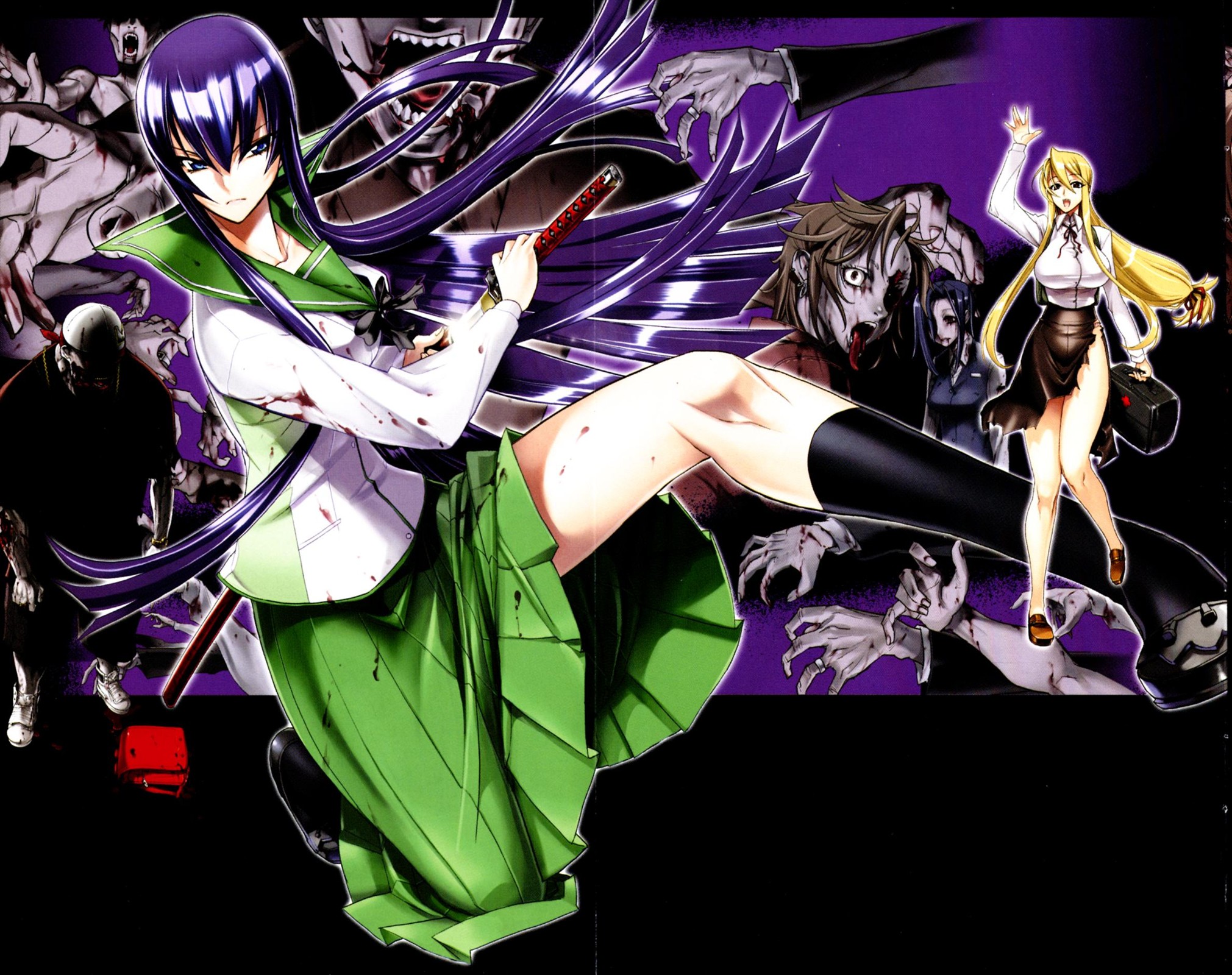 busujima saeko, marikawa shizuka, highschool of the dead, clothes, highres, non-web source, official art, blood, legs, school uniform, serafuku, skirt, sword, thighhighs, torn clothes, weapon