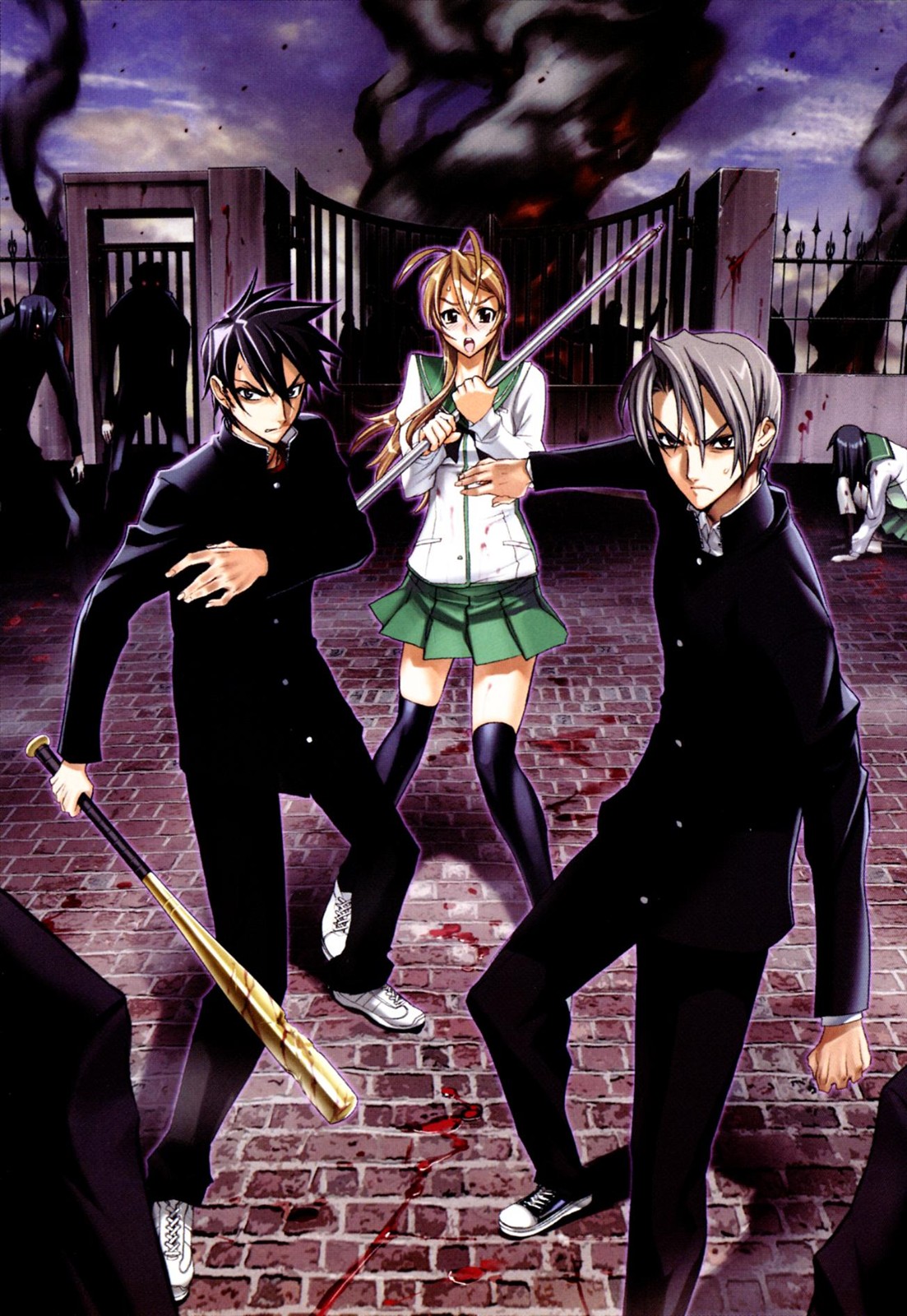 igou hisashi, komuro takashi, miyamoto rei, highschool of the dead, highres, non-web source, 1girl, 2boys, baseball bat, blood, legs, multiple boys, raised eyebrows, school uniform, serafuku, smoke, thighhighs, weapon, zombie