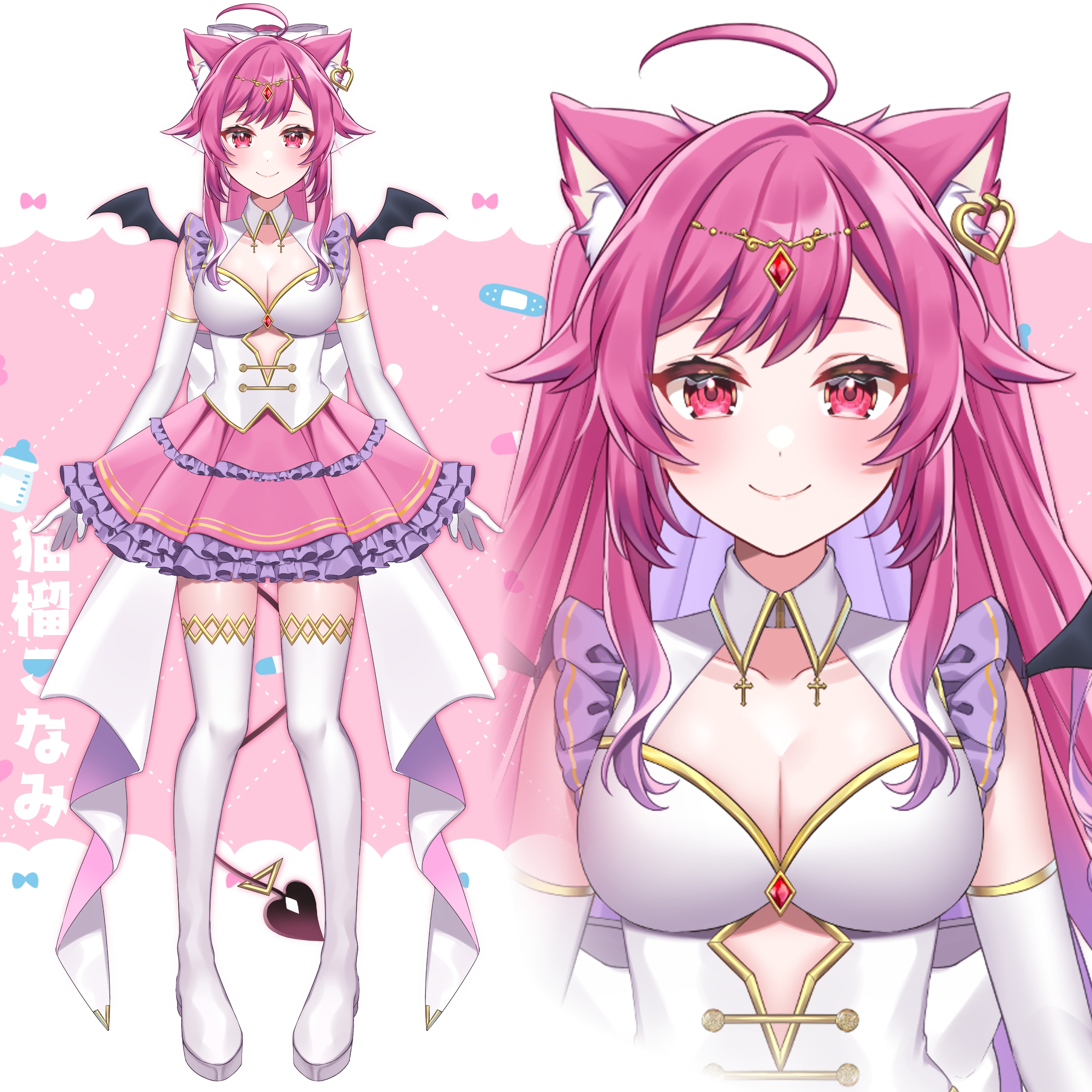 anzu 1026, nekuro konami, indie virtual youtuber, absurdres, commentary request, highres, 1girl, ahoge, animal ears, bat wings, blush, breasts, cleavage, closed mouth, demon tail, demon wings, elbow gloves, frilled skirt, frills, gloves, hair ornament, large breasts, long hair, looking at viewer, pink eyes, pink hair, pink skirt, skirt, smile, tail, thighhighs, virtual youtuber, white gloves, white thighhighs, wings, zoom layer