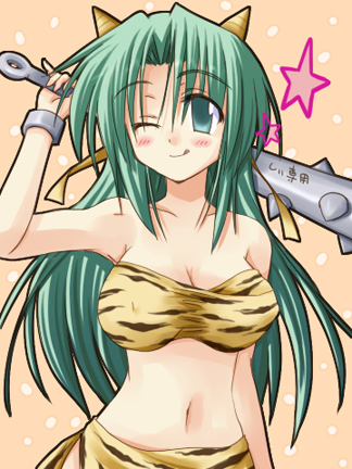 toshihiro, sonozaki mion, sonozaki shion, higurashi no naku koro ni, lowres, 00s, 1girl, animal print, bikini, breasts, club, club (weapon), female focus, green eyes, green hair, horns, kanabou, large breasts, matching hair/eyes, one eye closed, oni, setsubun, solo, spiked club, swimsuit, tiger print, weapon, wink, yellow bikini