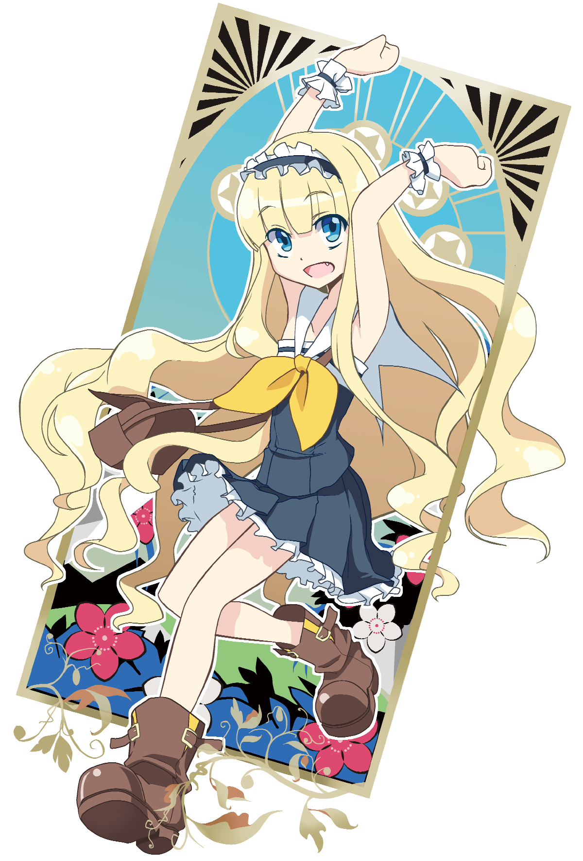 seiko (cleanage), shirokane ginka, shirokane ginka (lumen mode), shirokane ginka (tenebrae mode), gen'ei wo kakeru taiyou, highres, 1girl, blonde hair, blue eyes, brown shoes, card, flower, hime cut, leaf, magical girl, no socks, open mouth, school uniform, shoes