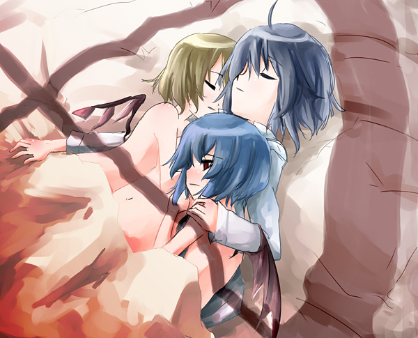 flandre scarlet, izayoi sakuya, remilia scarlet, touhou, 3girls, completely nude, female focus, multiple girls, nude, sleeping, wings
