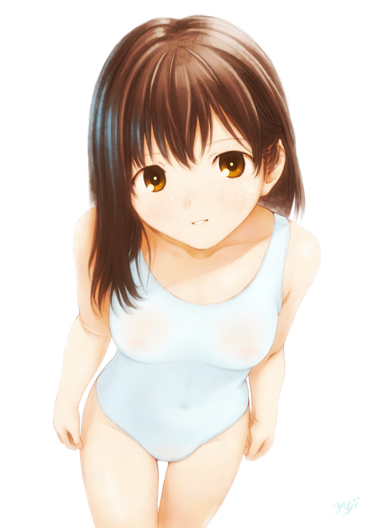 kobayashi yuji, highres, 1girl, breasts, brown eyes, brown hair, female focus, medium breasts, nipples, one-piece swimsuit, see-through clothes, smile, solo, swimsuit