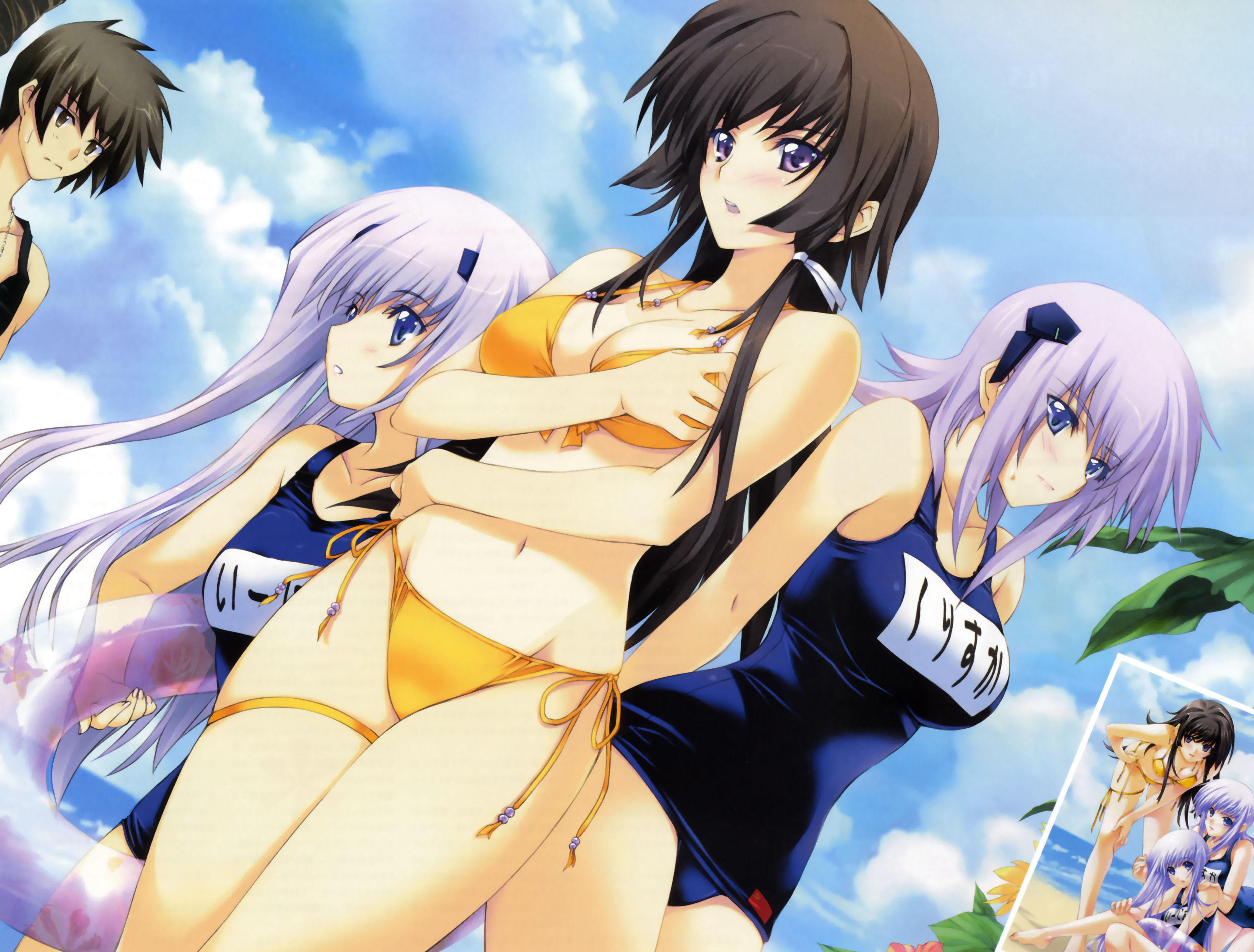 cryska barchenowa, inia sestina, takamura yui, yuuya bridges, muv-luv, muvluv alternative total eclipse, absurdres, highres, tagme, purple hair, swimsuit