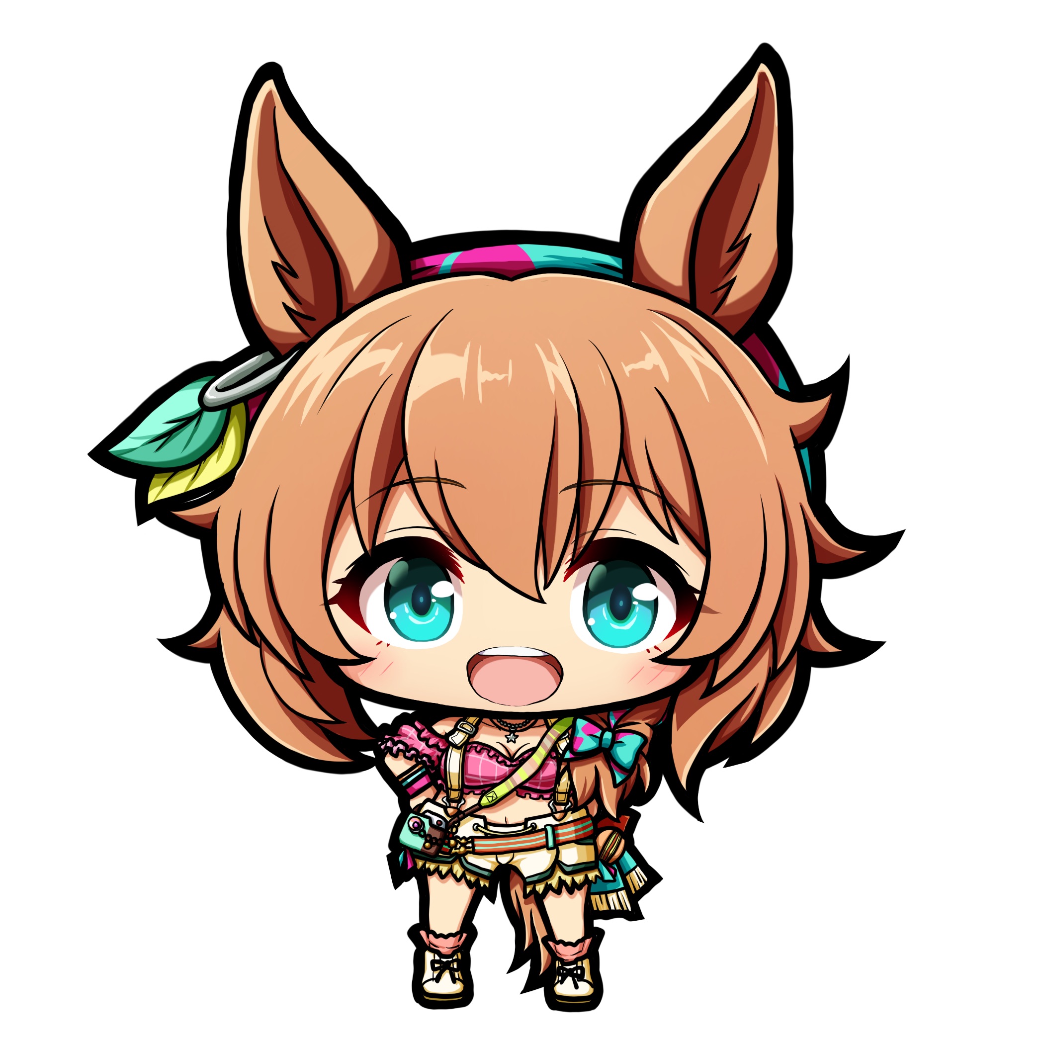 kuena, taiki shuttle (bubblegum memories) (umamusume), taiki shuttle (umamusume), umamusume, highres, 1girl, :d, animal ears, blue eyes, blush, boots, breasts, brown hair, chibi, cleavage, full body, hair between eyes, hands on own hips, horse ears, horse girl, horse tail, large breasts, looking at viewer, open mouth, pink socks, short shorts, shorts, simple background, smile, socks, solo, standing, tail, teeth, upper teeth only, white background, white boots, white shorts
