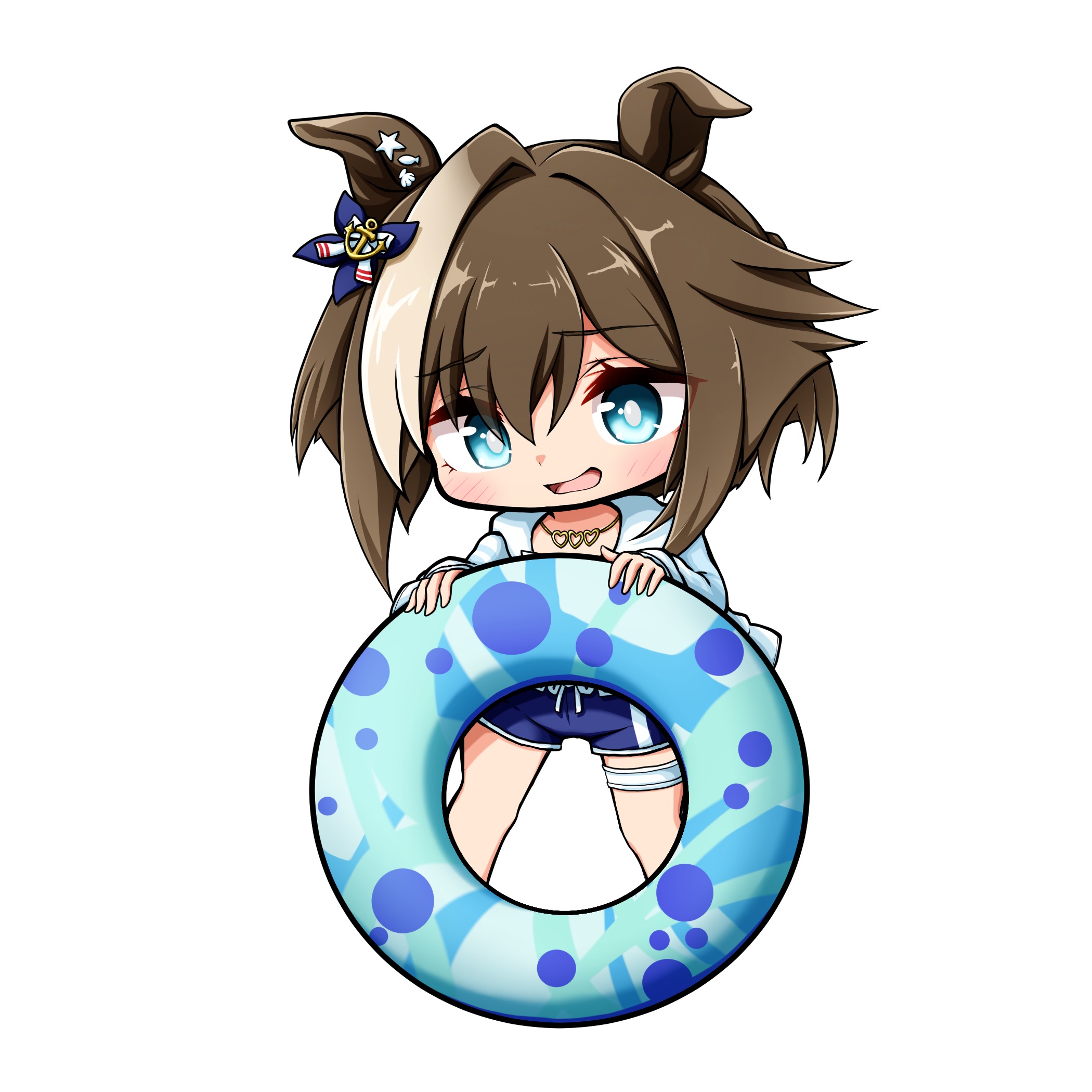kuena, cheval grand (summer calm navy drop) (umamusume), cheval grand (umamusume), umamusume, highres, 1girl, animal ears, blue eyes, blue shorts, blush, brown hair, chibi, ears down, hair between eyes, heart, hood, hood down, hooded jacket, horse ears, innertube, jacket, multicolored hair, open mouth, shorts, simple background, solo, standing, streaked hair, swim ring, white background, white hair, white jacket