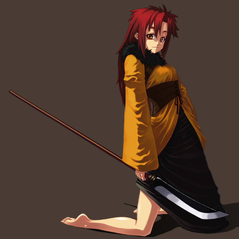 niwa zen, original, barefoot, kneeling, long hair, polearm, red hair, solo, weapon