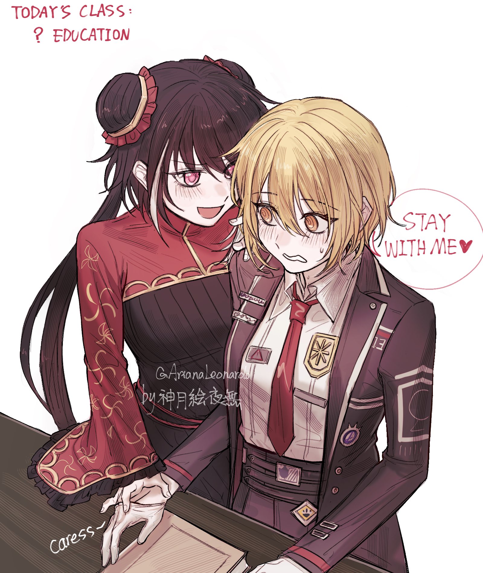 arianaleonardo, don quixote (project moon), jia xichun (project moon), limbus company, project moon, highres, 2girls, @ @, black coat, black dress, black hair, blonde hair, blush, coat, collared shirt, double bun, dress, gloves, hair bun, heart, long hair, long sleeves, looking at another, multicolored hair, multiple girls, necktie, open mouth, pink eyes, red necktie, red shrug, rope belt, shirt, short hair, simple background, speech bubble, standing, streaked hair, twintails, upper body, white background, white gloves, white shirt, white streaks, yellow eyes, yuri