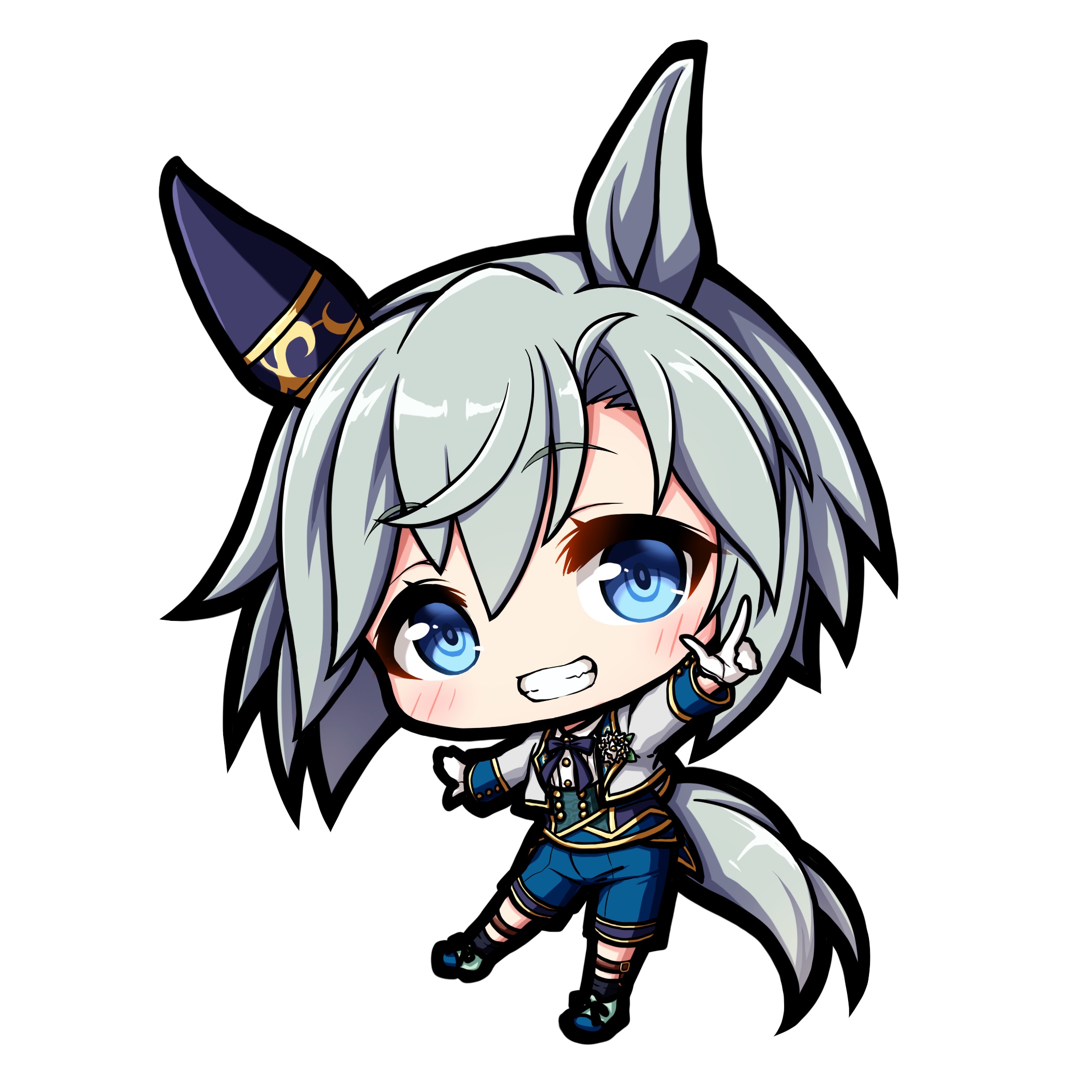 kuena, seiun sky (soiree de chaton) (umamusume), seiun sky (umamusume), umamusume, highres, 1girl, animal ears, black socks, blue eyes, blue pants, blue shoes, blush, chibi, cropped jacket, full body, gloves, grey hair, grin, hair between eyes, horse ears, horse girl, horse tail, jacket, long sleeves, looking at viewer, outstretched arm, pants, shirt, shoes, simple background, smile, socks, solo, tail, white background, white gloves, white jacket, white shirt