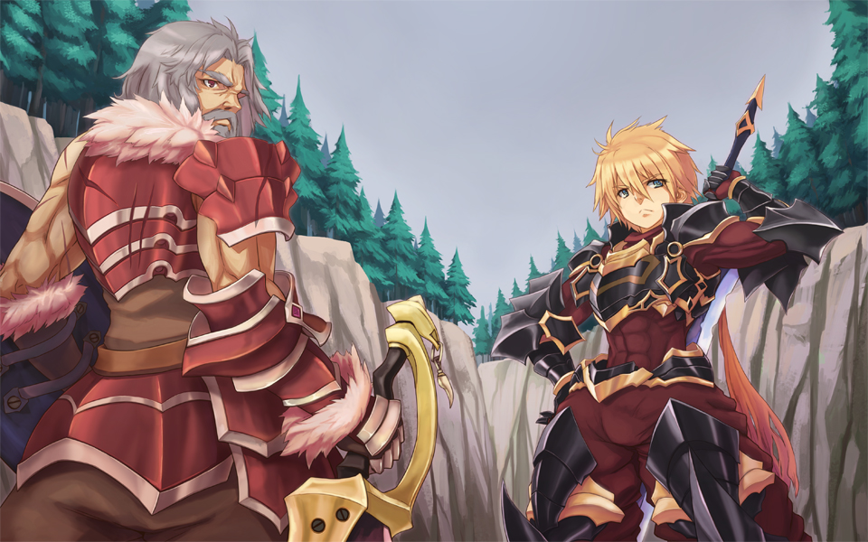 29 (artist), original, 2boys, armor, blonde hair, day, facial hair, fantasy, fur trim, gauntlets, grey hair, looking back, male focus, multiple boys, mustache, nature, outdoors, short hair, sky, standing, sword, tree, weapon