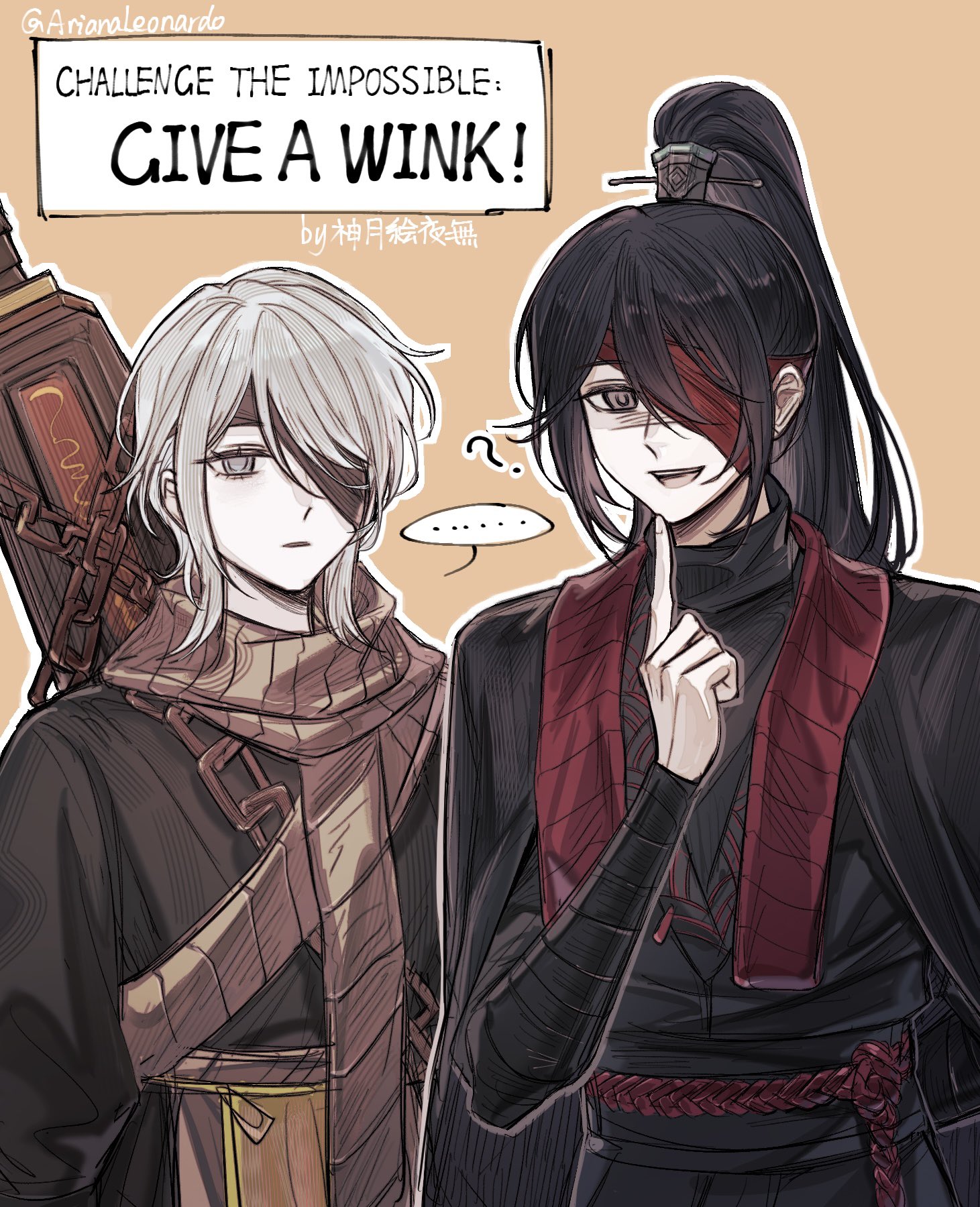 arianaleonardo, faust (project moon), hong lu (project moon), limbus company, project moon, highres, …, 1boy, 1girl, ?, bandage over one eye, black eyes, black hair, black hanfu, chain, chinese clothes, family hierarch candidate (identity) (project moon), grey eyes, grey scarf, hanfu, heishou pack-mao branch (identity) (project moon), high ponytail, long hair, looking at viewer, pointing, ponytail, rope belt, scarf, short hair, simple background, sword, sword on back, upper body, weapon, weapon on back, white hair, yellow background