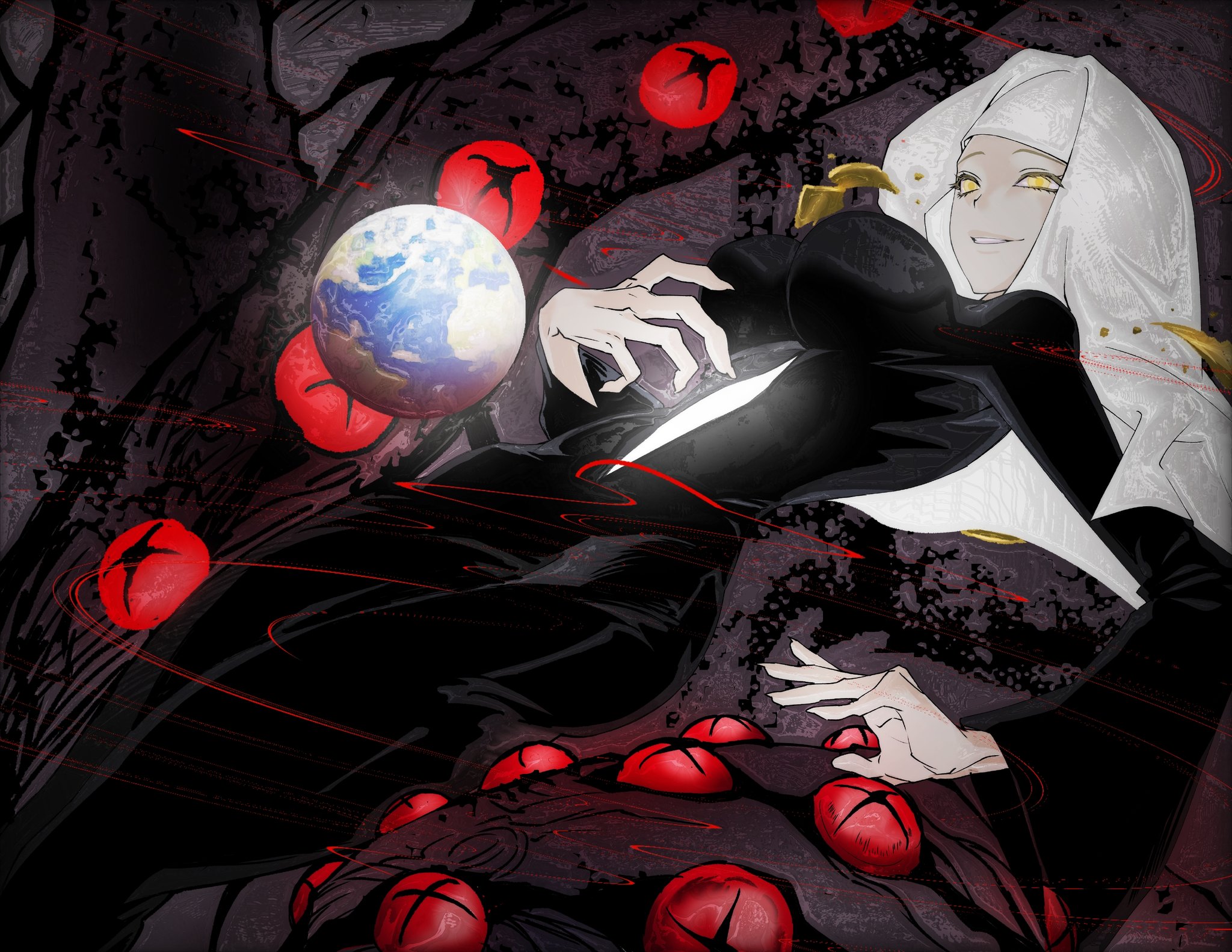 demon pillar (fate), sessyoin kiara, fate/grand order, fate (series), highres, 1girl, black dress, buddhist nun, dress, earth (planet), erogurotang, evil grin, evil smile, gold necklace, grin, jewelry, looking at viewer, necklace, nun, planet, smile, solo, yellow eyes