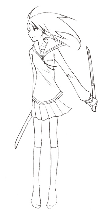 ushi (ushi manji), original, greyscale, monochrome, school uniform, serafuku, solo, sword, wakizashi, weapon