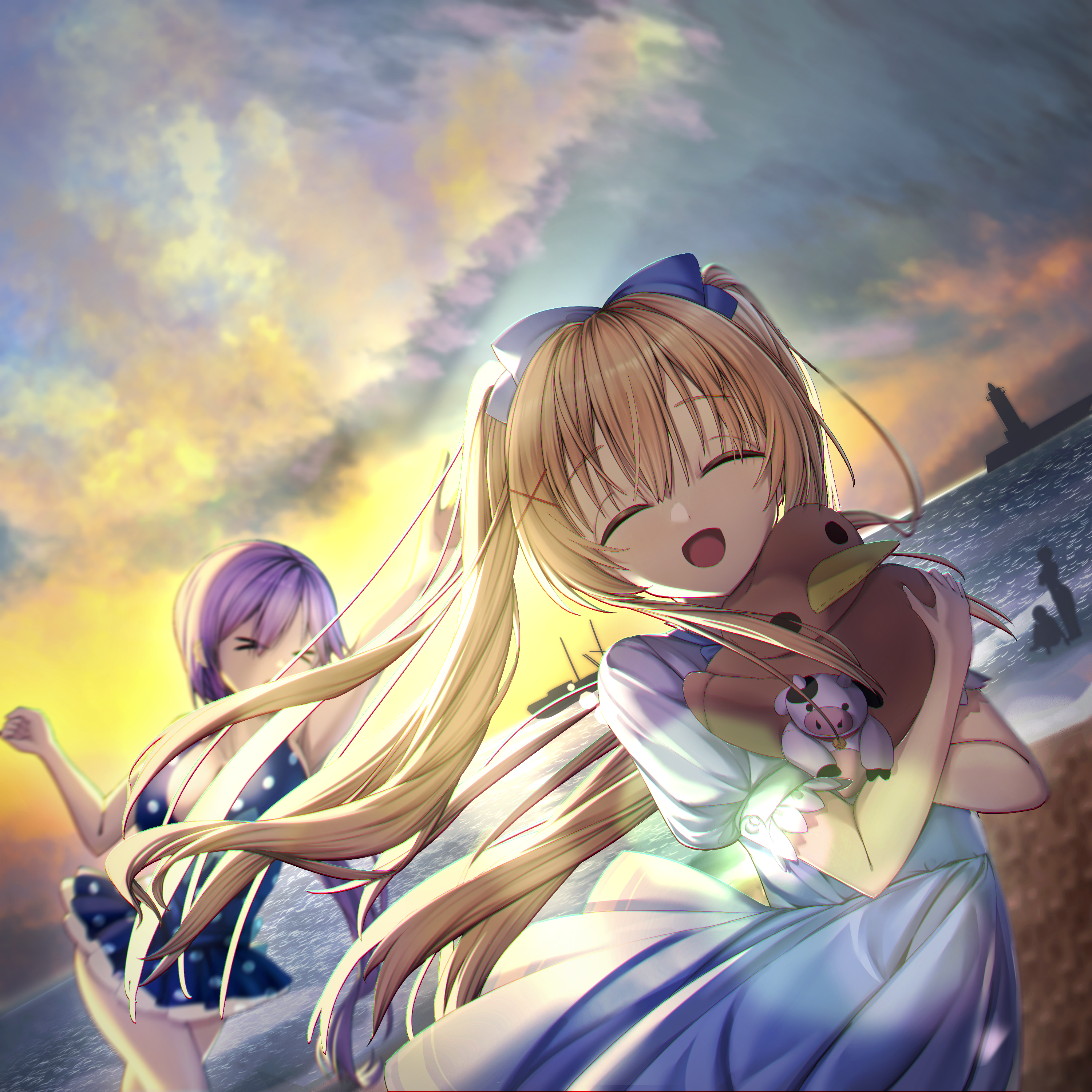 hatsupainting, mizuori shizuku, tsumugi wenders, summer pockets, absurdres, commentary request, highres, > <, 2girls, :d, ^ ^, backlighting, blonde hair, blue one-piece swimsuit, blue skirt, blurry, blurry background, casual one-piece swimsuit, clenched hand, closed eyes, cloud, cloudy sky, cowboy shot, crossed arms, dutch angle, facing viewer, floating clothes, floating hair, hair between eyes, hair ornament, happy, high-waist skirt, holding, holding stuffed toy, lighthouse, long hair, long skirt, low ponytail, multiple girls, ocean, official alternate costume, one-piece swimsuit, open mouth, outdoors, polka dot, polka dot swimsuit, ponytail, puffy short sleeves, puffy sleeves, purple hair, shirt, shore, short sleeves, sidelocks, skirt, sky, smile, solo focus, stuffed animal, stuffed bird, stuffed cow, stuffed toy, sunlight, sunset, swimsuit, twintails, very long hair, white shirt, x hair ornament