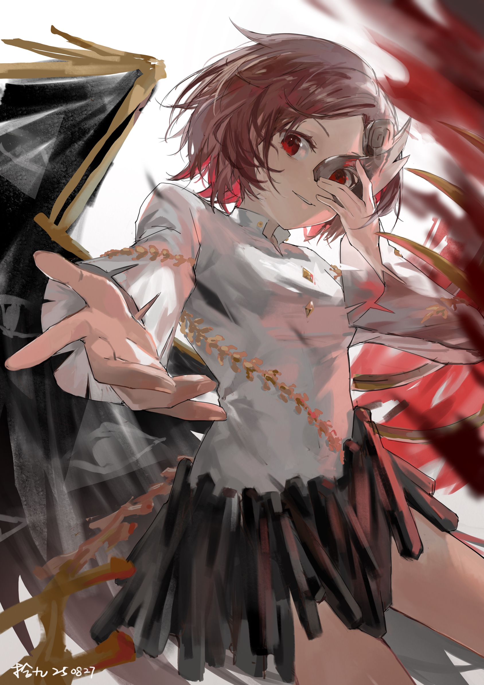 shijiu (shizuoxing), iwanaga ariya, touhou, highres, 1girl, artist name, asymmetrical wings, black wings, brown hair, closed mouth, long sleeves, looking at viewer, mask over one eye, reaching, reaching towards viewer, red eyes, red wings, shirt, short hair, signature, simple background, skeletal wings, solo, white background, white shirt, wings