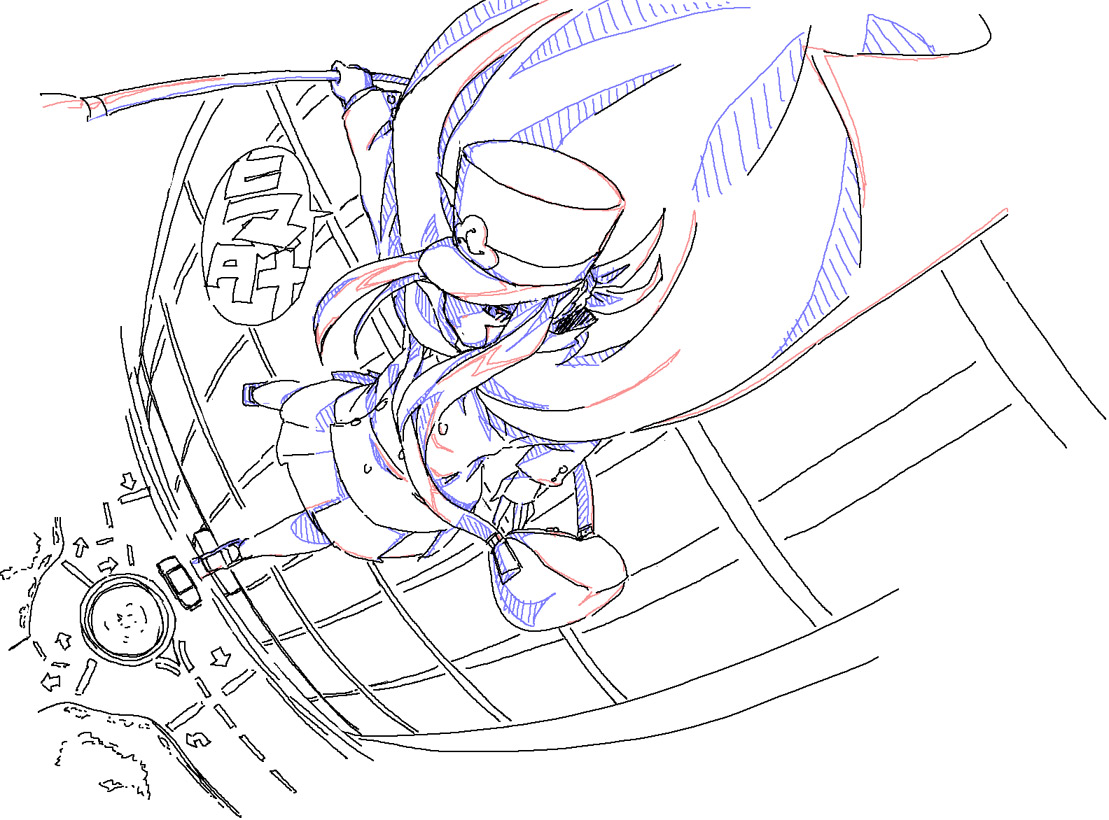 kurosho, fumika, shigofumi, 00s, bag, cape, hat, monochrome, perspective, satchel, shako cap, sketch, solo