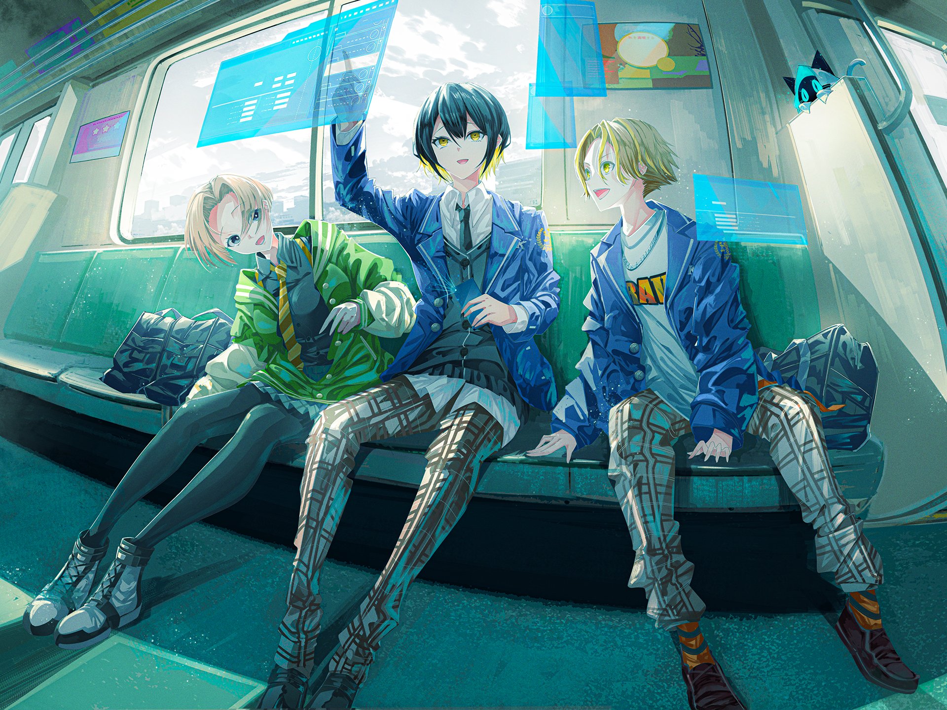 chooco (chocoshi), highres, official art, second-party source, bag, black hair, blonde hair, cloud, cloudy sky, countdown illustration, hatsuse noa, jacket, kodaki sota, letterman jacket, multicolored hair, protagonist (varlet), school bag, school uniform, screen, sitting, skirt, sky, train interior, two-tone hair, varlet, window, yellow eyes