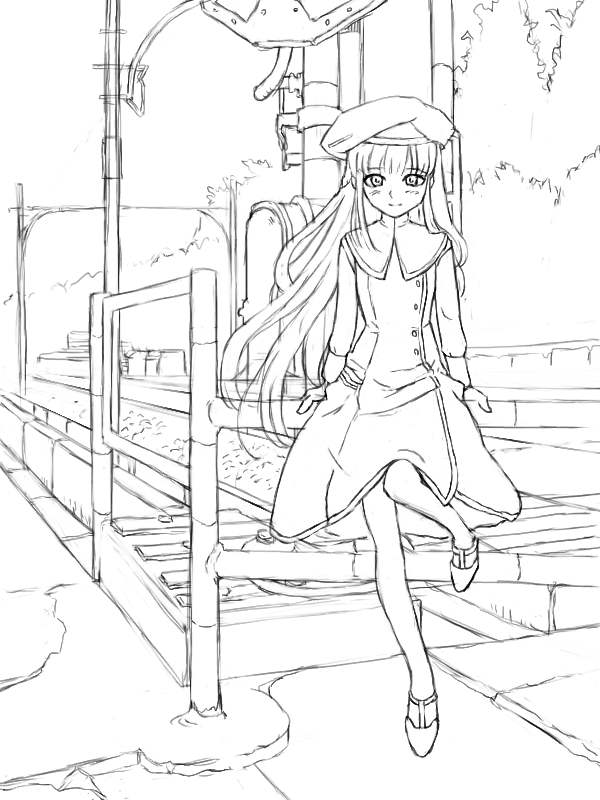 amano takumi, amatsuka urara, baby princess, 10s, 1girl, beret, bridge, dress, female focus, greyscale, hat, leg up, long hair, looking at viewer, monochrome, pillar, railing, shore, solo, standing, standing on one leg, very long hair, water