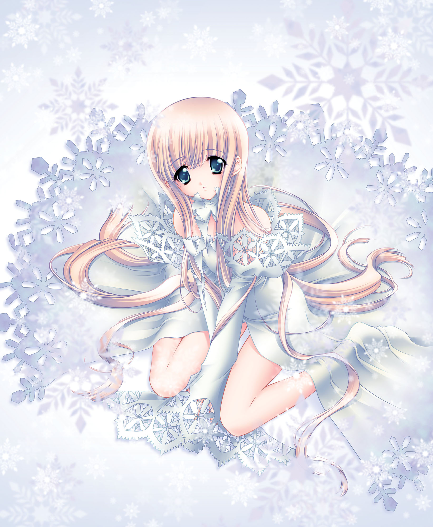 carnelian, highres, tagme, bare shoulders, blonde hair, green eyes, long hair, sitting, solo, very long hair, white theme