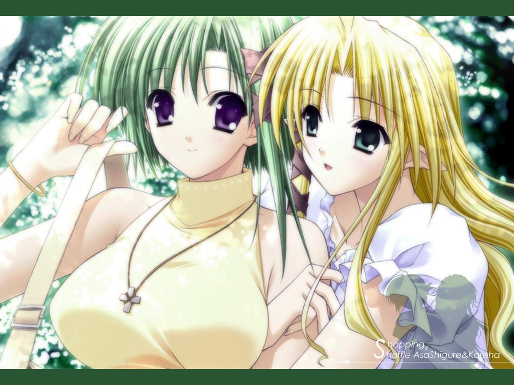 suzuhira hiro, kareha, shigure asa, shuffle!, official art, official wallpaper, 00s, 2girls, bare shoulders, blonde hair, breasts, green eyes, green hair, large breasts, looking at viewer, multiple girls, pointy ears, purple eyes, yuri