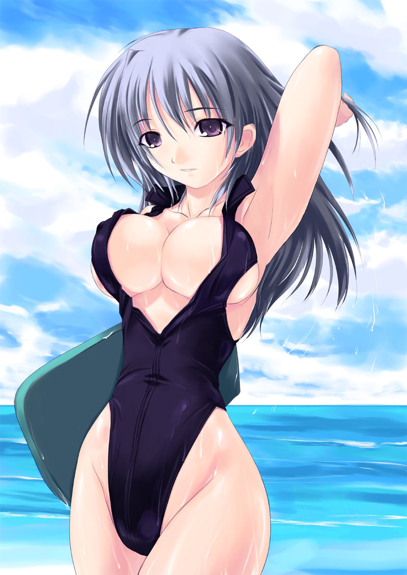 amei sumeru, 1girl, adjusting hair, arm up, armpits, blue hair, breasts, cleavage, cloud, covered erect nipples, day, female focus, highleg, highleg one-piece swimsuit, kickboard, large breasts, long hair, ocean, one-piece swimsuit, outdoors, purple eyes, sideboob, skinny, sky, slender, smile, solo, swimsuit, water, wet