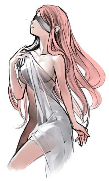 yamashita shun'ya, 1girl, bed sheet, blanket, blindfold, breasts, female focus, long hair, naked sheet, nude, pink hair, see-through clothes, solo, standing, very long hair